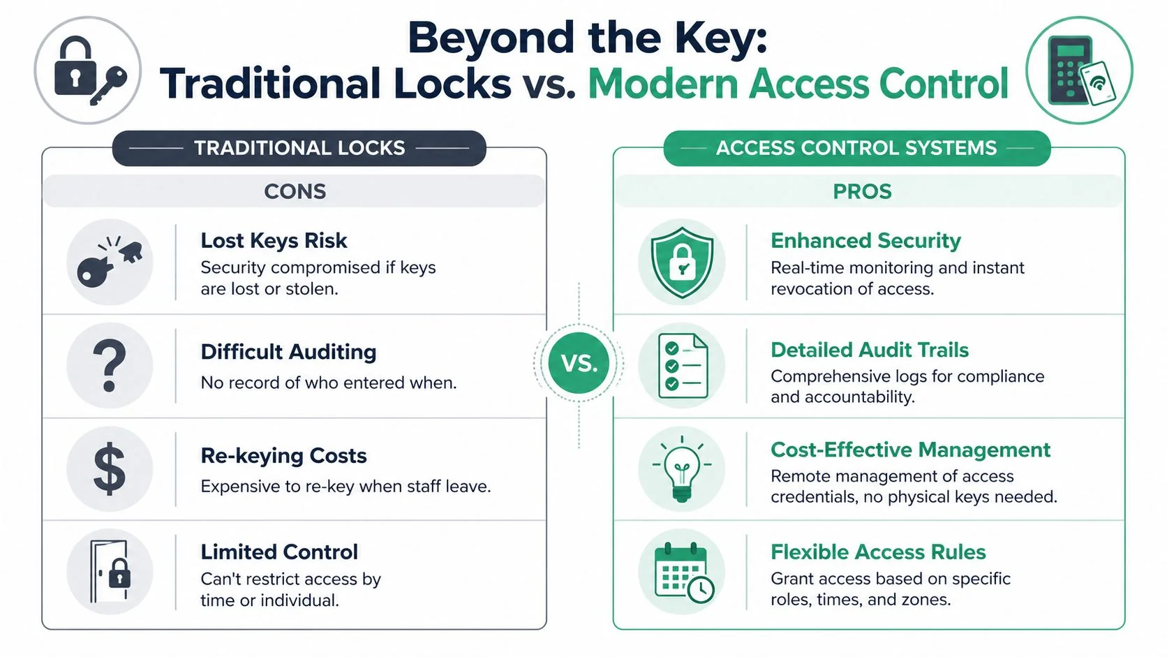 Access Control Systems: A Guide For Brisbane Businesses 3 A Comparison Infographic Showing The Disadvantages Of Traditional Keys Versus The Advantages Of Modern Access Control Systems.
