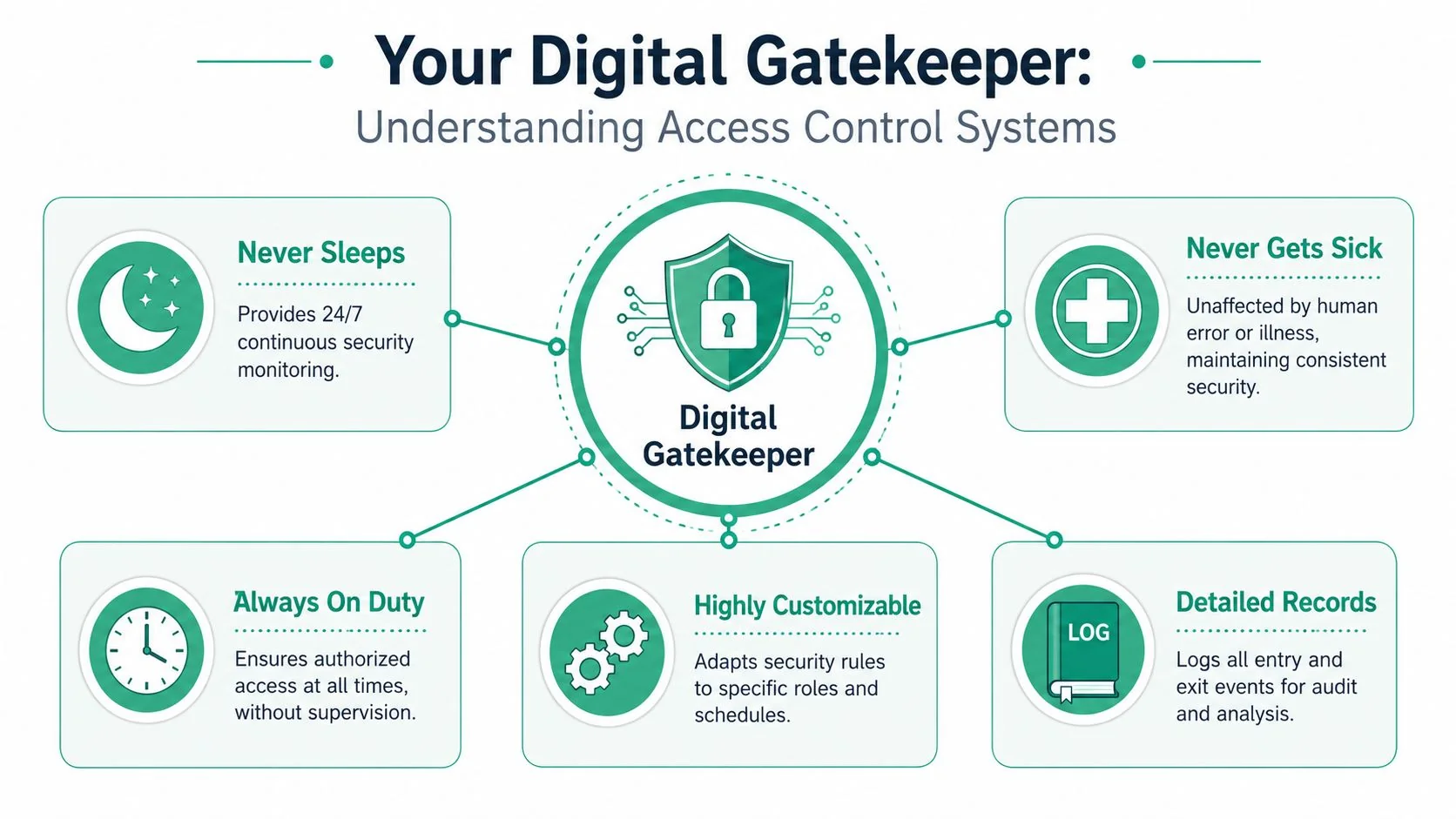 Access Control Systems: A Guide For Brisbane Businesses 2 An Infographic Titled Your Digital Gatekeeper Illustrating The Key Benefits Of Automated Access Control Systems For Security.