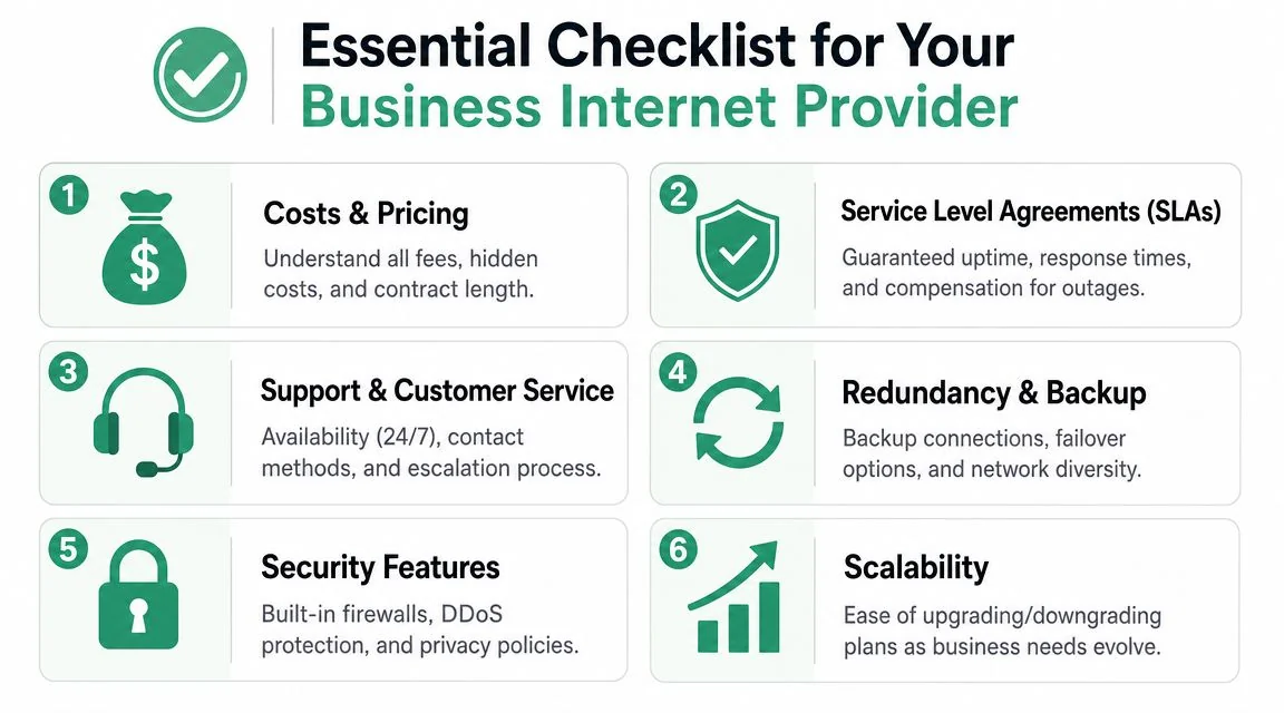 Brisbane'S Best Business Internet Provider Guide 2026 4 An Infographic Checklist For Selecting A Business Internet Provider, Covering Pricing, Slas, Support, And Security Features.