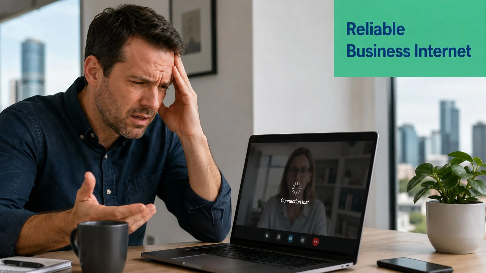Brisbane'S Best Business Internet Provider Guide 2026 2 A Frustrated Businessman Experiencing A Connection Lost Error On His Laptop During A Remote Video Conference Call.