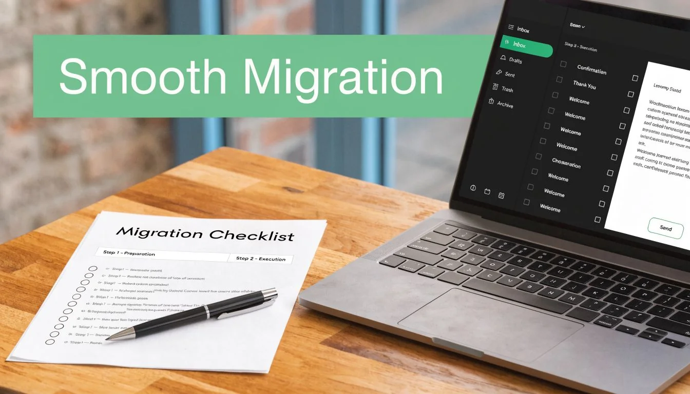 Best Business Email Hosting: 2026 Brisbane Provider Guide 5 A Migration Checklist With A Pen On A Desk Next To A Laptop Showing Email Migration Steps.