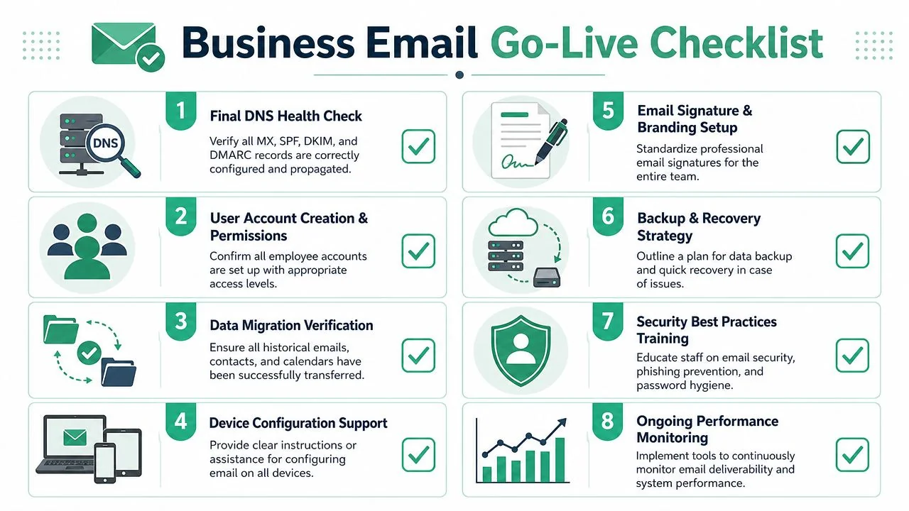 Business Email Setup: Brisbane Smbs Guide 2026 5 An Infographic Checklist For A Successful Business Email Go-Live Process With Eight Essential Security And Setup Steps.