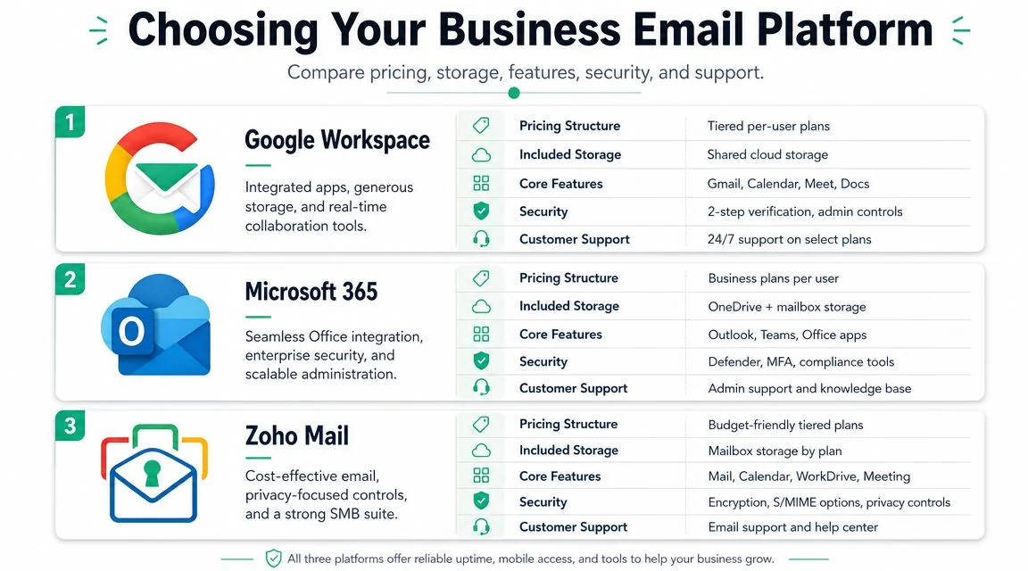 Business Email Setup: Brisbane Smbs Guide 2026 2 A Comparison Chart Outlining Key Features Of Google Workspace, Microsoft 365, And Zoho Mail Business Email Platforms.