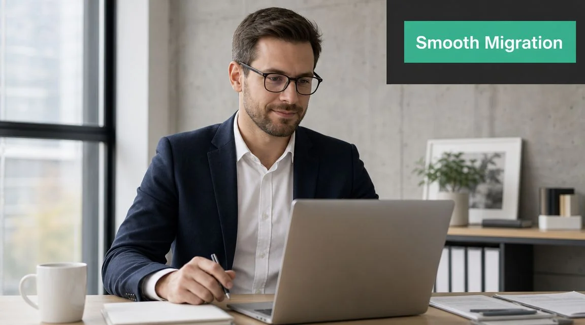 Business Email Setup: Brisbane Smbs Guide 2026 4 A Professional Man In A Business Suit Working On His Laptop While Sitting At An Office Desk.
