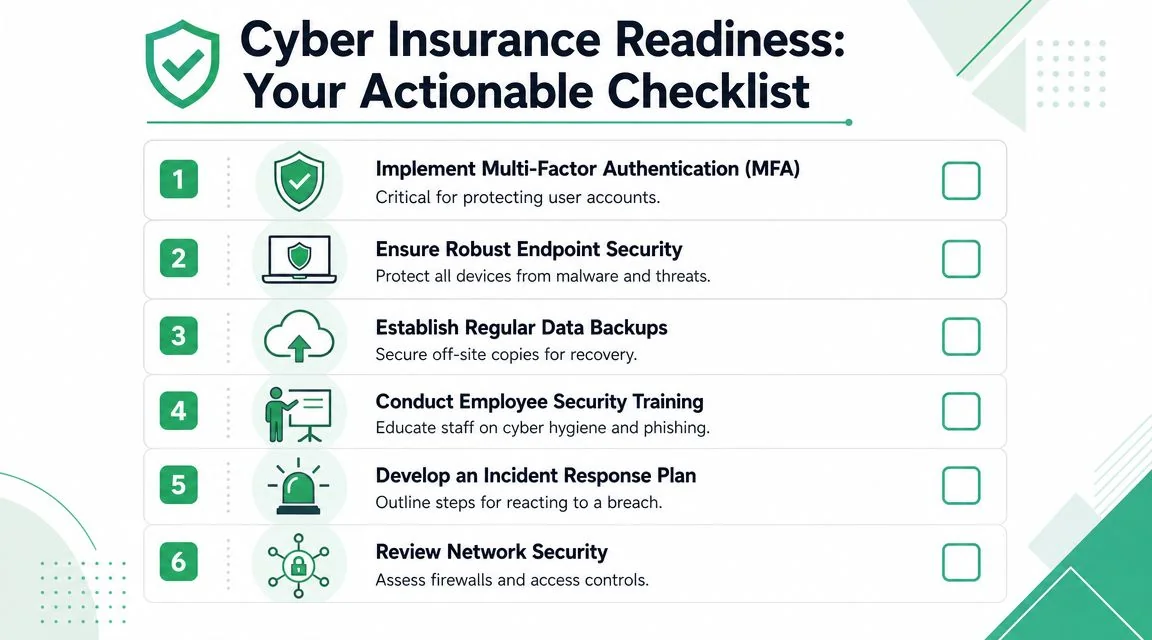 Cyber Insurance In Australia: An Smb Guide For 2026 5 A Checklist Infographic Outlining Six Essential Steps For Businesses To Prepare For Obtaining Cyber Insurance Coverage.
