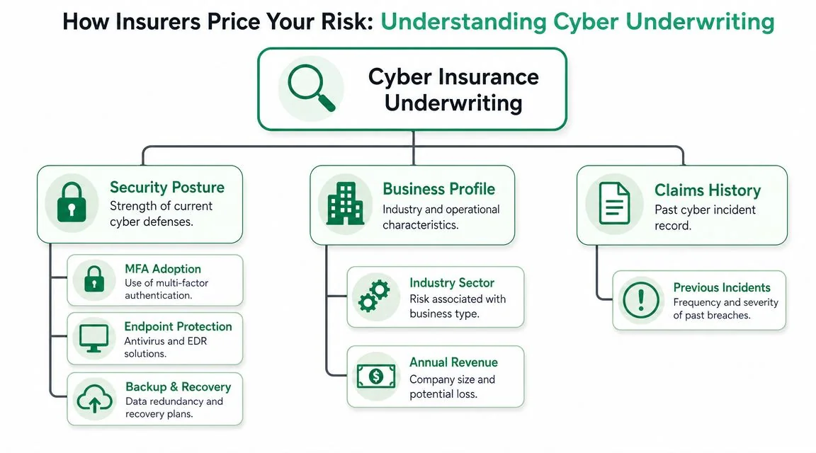 Cyber Insurance In Australia: An Smb Guide For 2026 3 An Infographic Titled How Insurers Price Your Risk Showing Factors For Cyber Insurance Underwriting Processes.