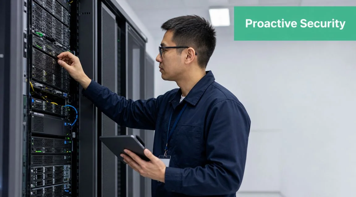 Cyber Insurance In Australia: An Smb Guide For 2026 4 An It Professional Working On Server Equipment In A Data Center, Holding A Digital Tablet For Security Tasks.
