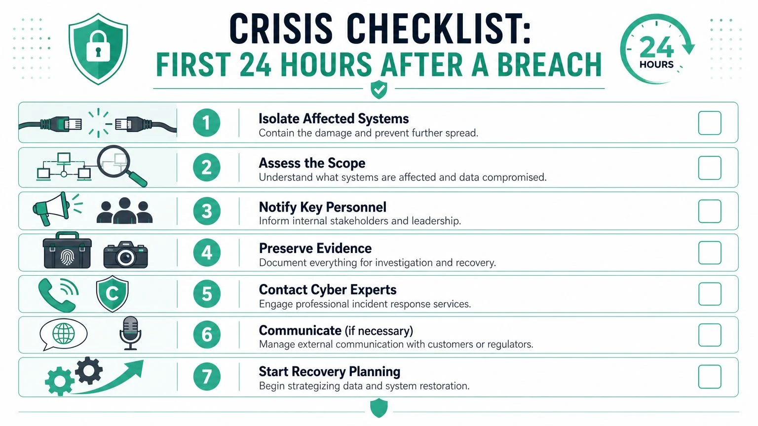 Cyber Security For Small Business Australia: Your 2026 Guide 5 A Seven-Step Crisis Checklist For Businesses To Follow Within The First 24 Hours After A Cyber Breach.