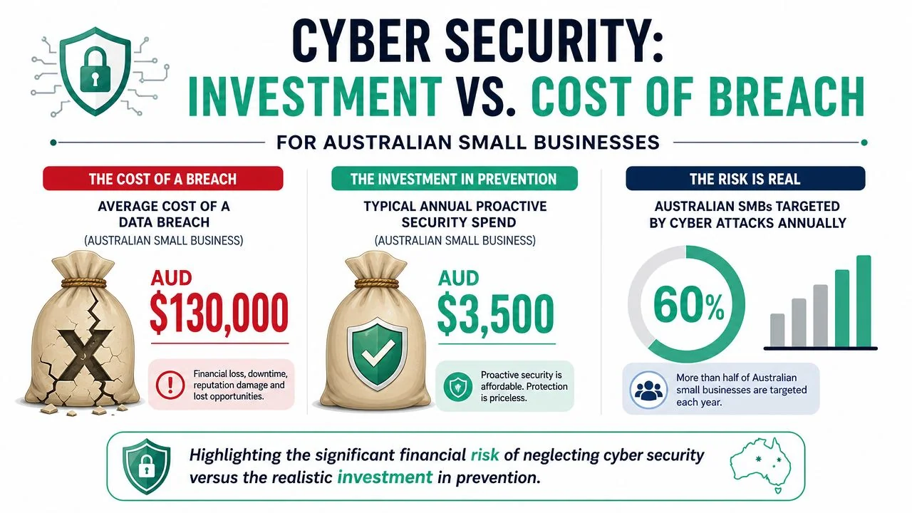 Cyber Security For Small Business Australia: Your 2026 Guide 4 An Infographic Comparing The High Financial Cost Of A Data Breach Against Annual Cybersecurity Investment For Australian Businesses.