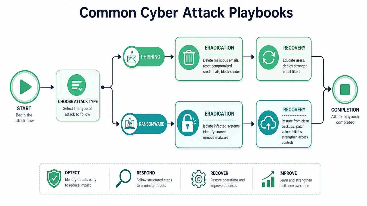 Cybersecurity Incident Response: Guide For Australian Smbs 3 A Diagram Illustrating Common Cyber Attack Response Playbooks For Phishing And Ransomware Incidents, Detailing Eradication And Recovery Steps.