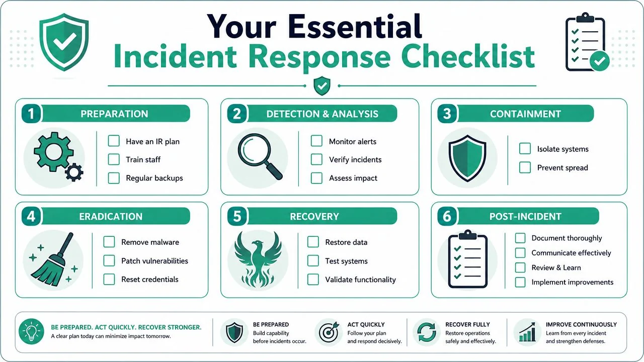 Cybersecurity Incident Response: Guide For Australian Smbs 5 An Infographic Titled Your Essential Incident Response Checklist, Outlining Six Key Steps For Managing Cybersecurity Incidents Effectively.