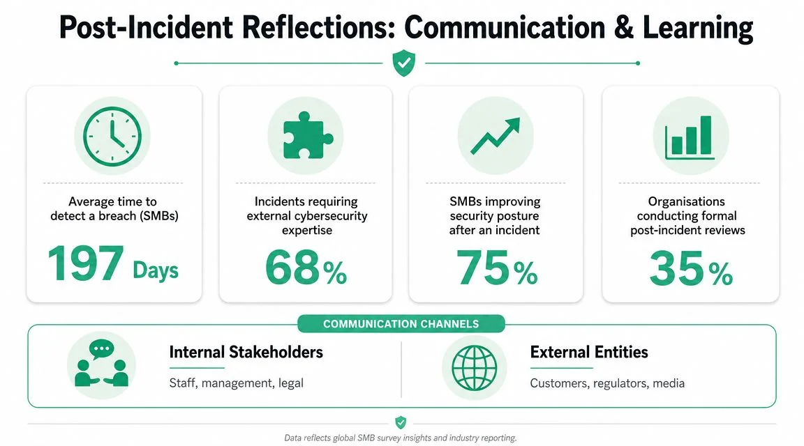 Cybersecurity Incident Response: Guide For Australian Smbs 4 An Infographic Showing Cybersecurity Statistics For Smbs, Including Breach Detection Time And Incident Response Communication Channels.