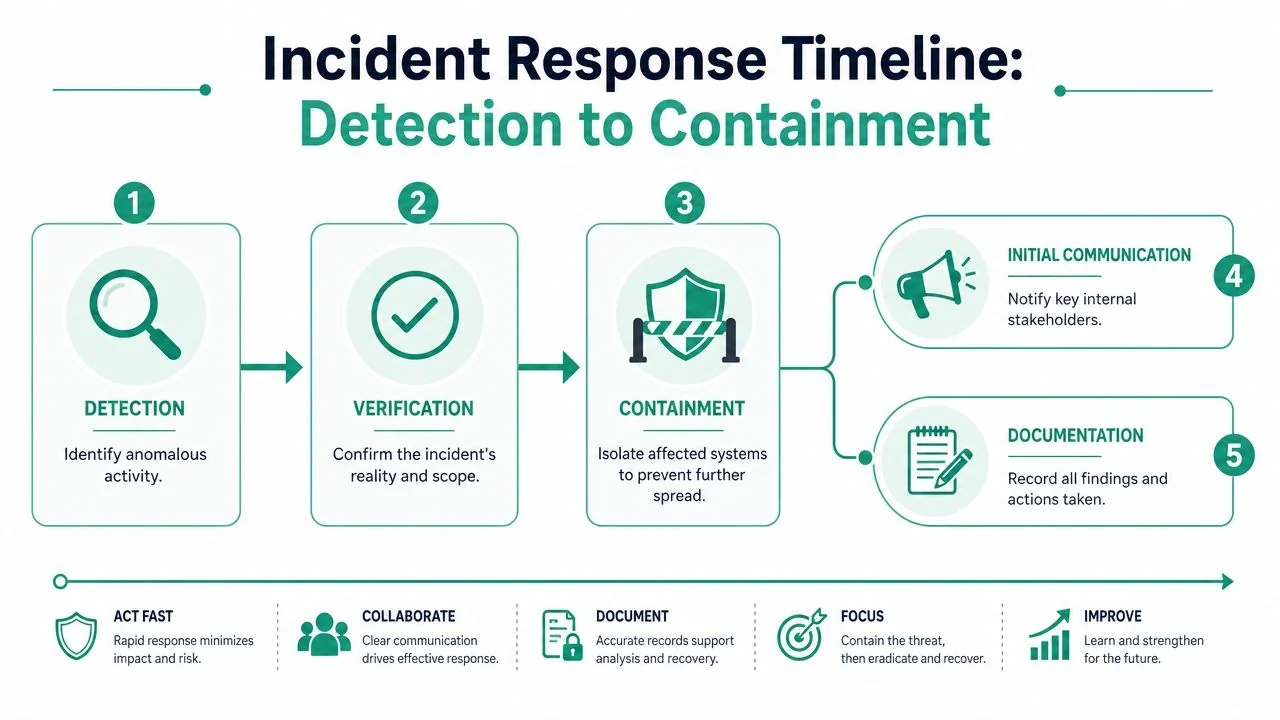 Cybersecurity Incident Response: Guide For Australian Smbs 2 A Five-Step Cybersecurity Incident Response Timeline Infographic Illustrating The Process From Detection To Containment And Recovery.