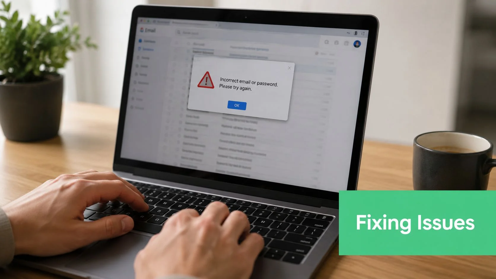 Email Setup Outlook 4 A Person Using A Laptop Encounters An Incorrect Email Or Password Login Error Message On Screen.
