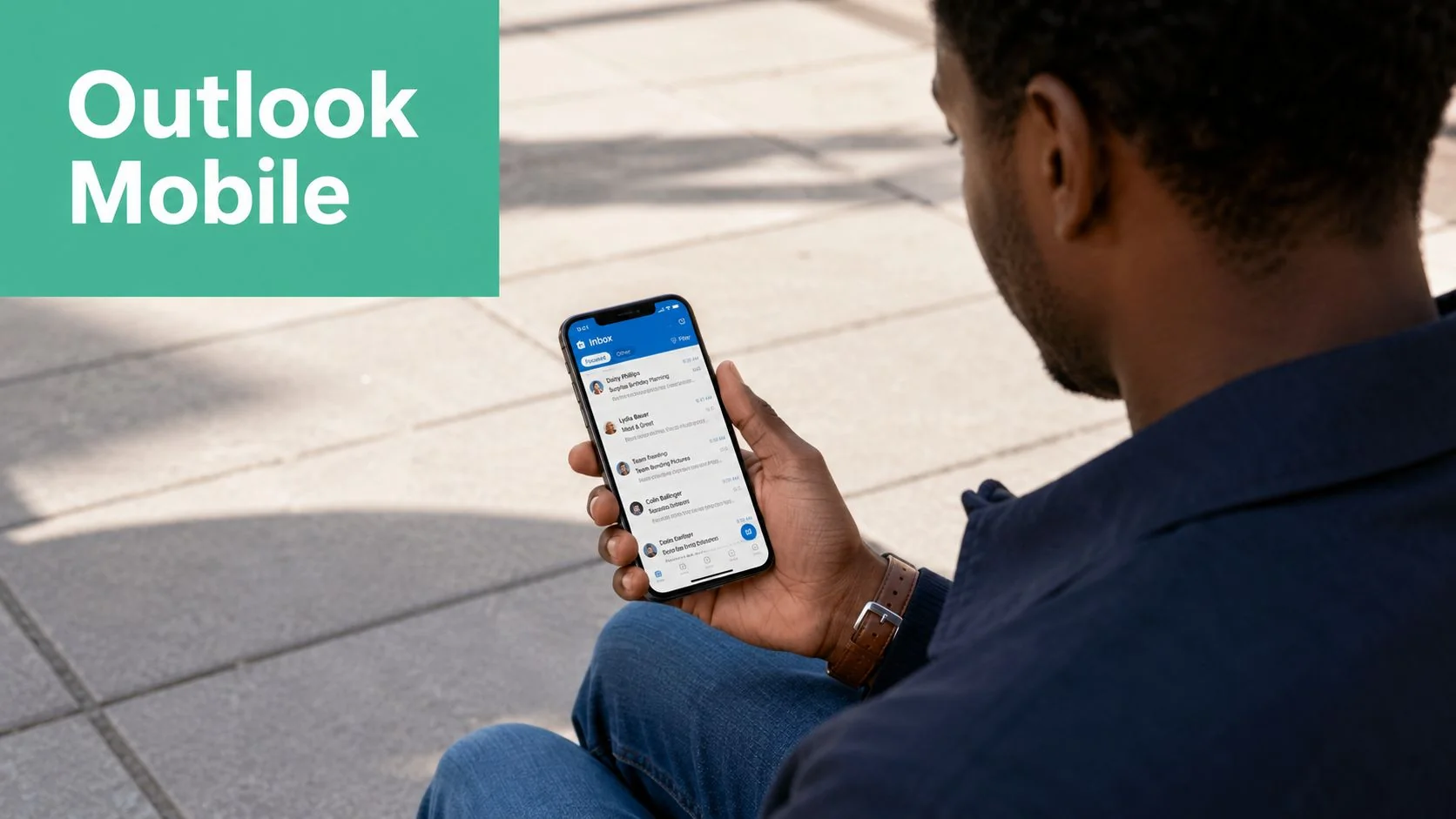 Email Setup Outlook 3 A Man Sitting Outside Holding A Smartphone Displaying The Outlook Mobile Email Inbox Interface.