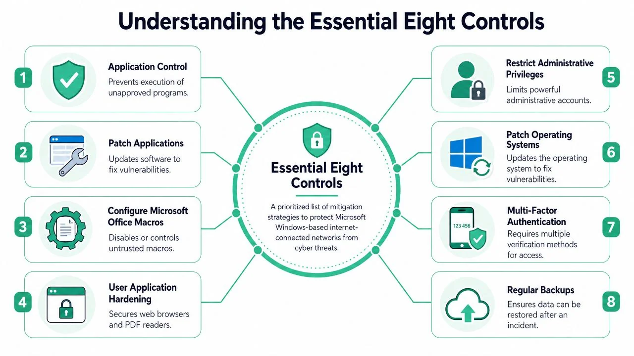 Essential 8 Cyber Security: A Practical Guide For Smbs 2 A Circular Diagram Outlining The Eight Essential Cybersecurity Controls To Protect Windows-Based Networks From Cyber Threats.