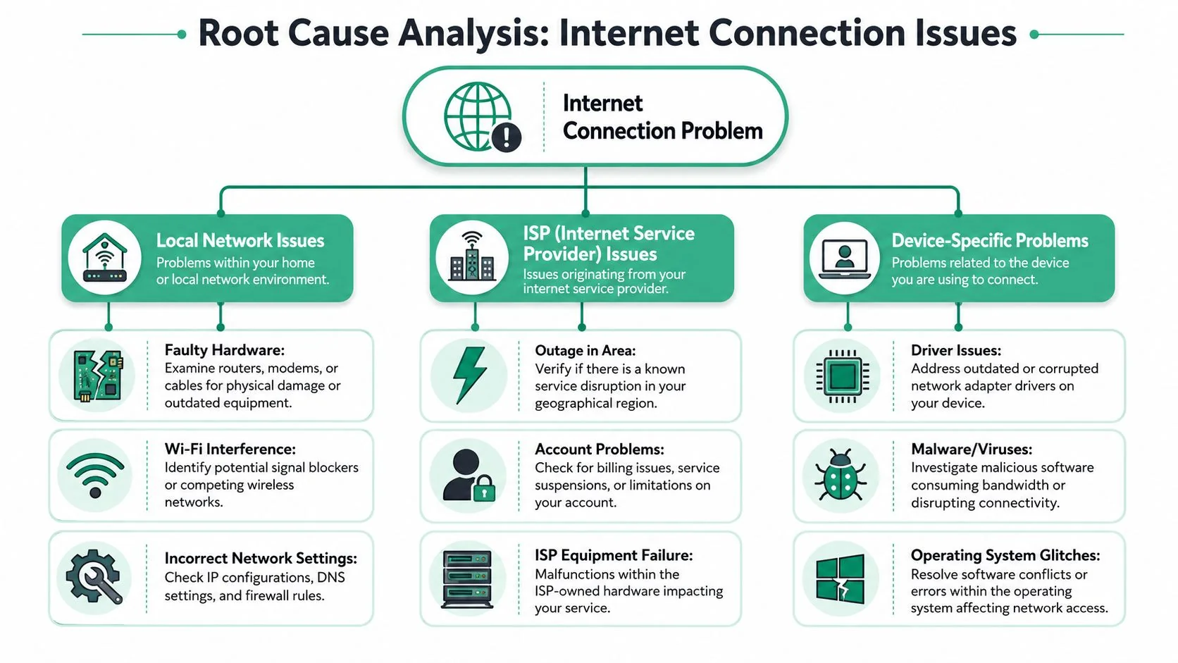 Internet Connectivity Issues: Business Guide 4 A Root Cause Analysis Flowchart Detailing Common Reasons For Internet Connection Issues Categorized Into Three Primary Areas.