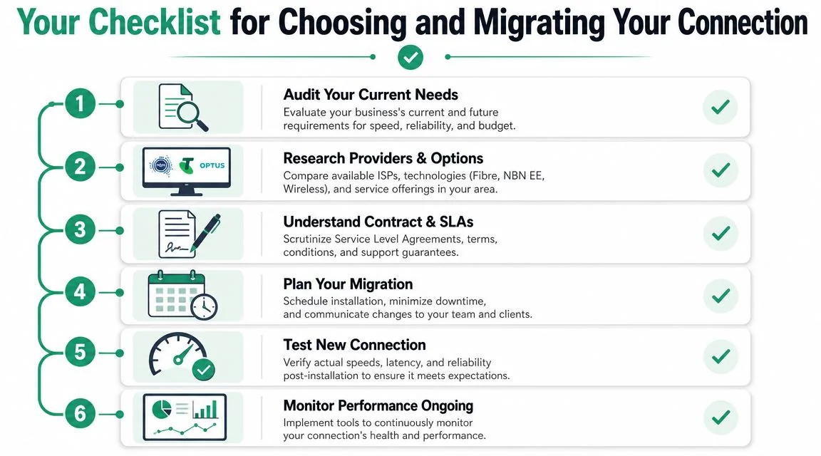 Internet For A Business: The Brisbane Sme Guide 2026 5 A Six-Step Checklist For Choosing And Migrating A Business Internet Connection, Displayed In An Infographic Style.