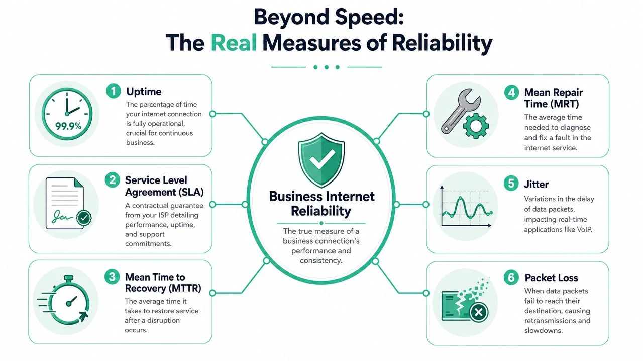 Internet For A Business: The Brisbane Sme Guide 2026 4 An Infographic Titled Beyond Speed The Real Measures Of Reliability Outlining Six Key Metrics For Business Internet Quality.