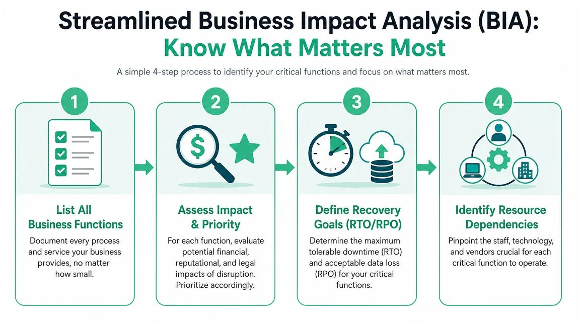 It Disaster Recovery Plan: Brisbane Smb Guide 2026 3 A Four-Step Infographic Illustrating The Streamlined Business Impact Analysis Process For Organizational Continuity And Disaster Recovery Planning.