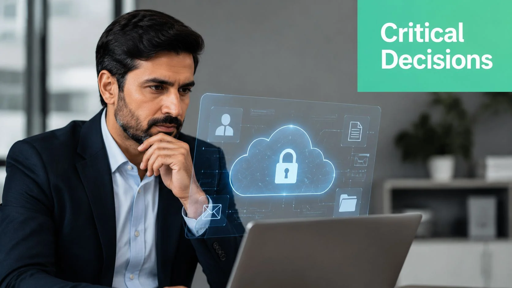 It Modernization Strategy: Your Guide To Business Growth 4 A Professional Man In A Suit Looking At A Holographic Interface Displaying Cloud Security Icons.