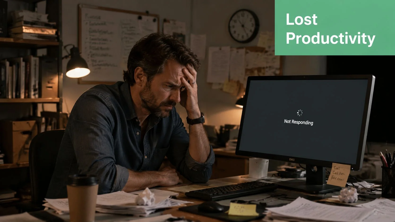 It Strategy For Small Business: Your 2026 Guide To Growth 2 A Stressed Man Sitting At A Messy Office Desk Looking At A Computer Monitor That Shows A Not Responding Screen.