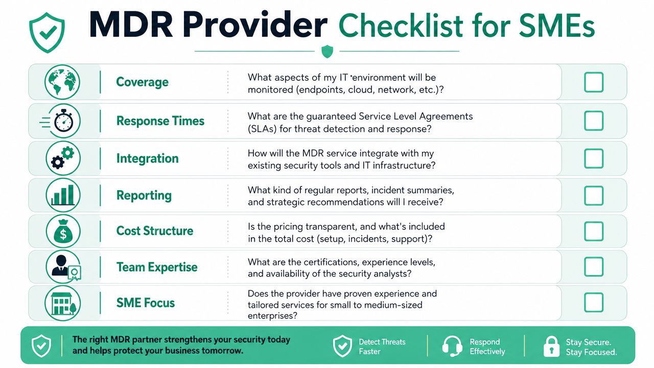 Brisbane Smes: Managed Detection Response Guide 2026 4 An Infographic Checklist For Small To Medium Enterprises Selecting A Managed Detection And Response Service Provider.
