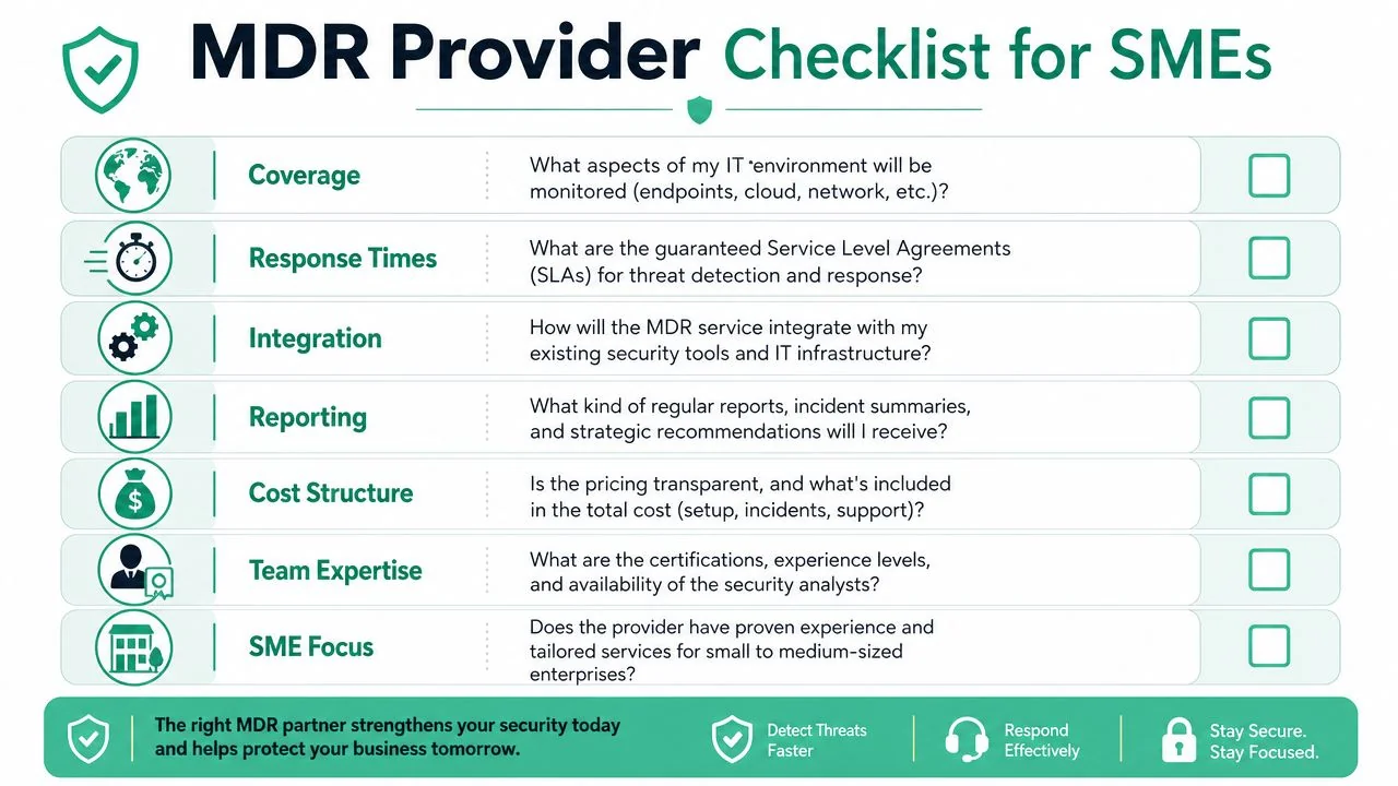 Brisbane Smes: Managed Detection Response Guide 2026 4 An Infographic Checklist For Small To Medium Enterprises Selecting A Managed Detection And Response Service Provider.
