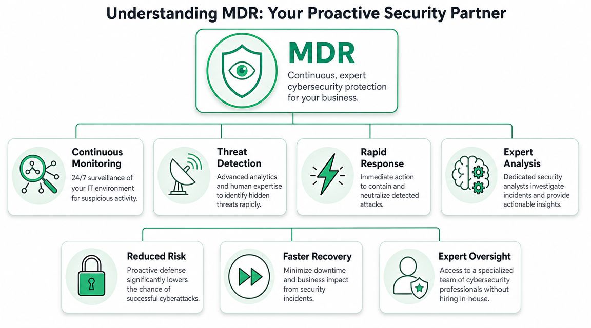 Brisbane Smes: Managed Detection Response Guide 2026 2 An Infographic Titled Understanding Mdr Illustrating The Core Components And Benefits Of Managed Detection And Response Services.