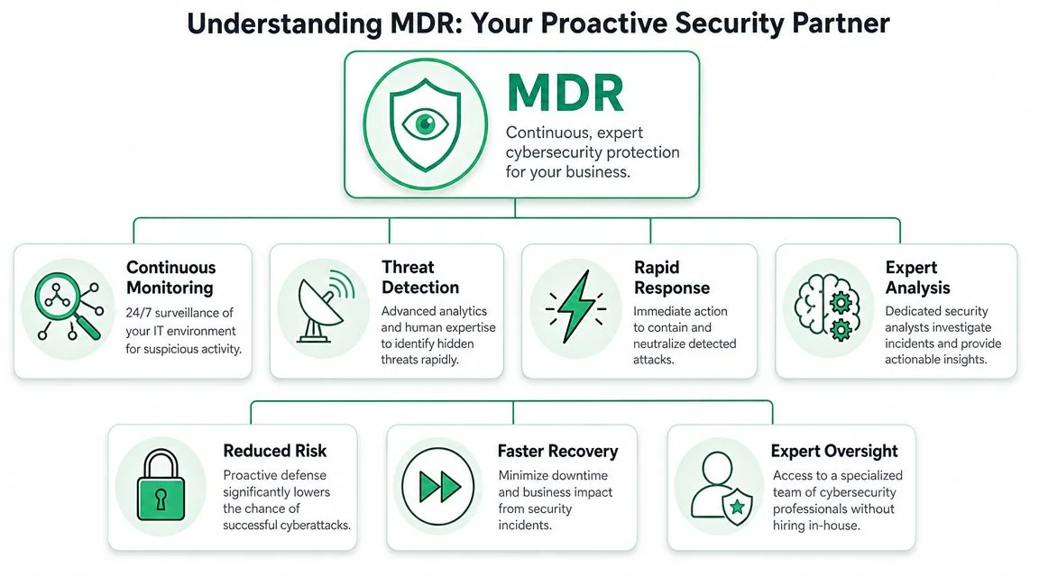 Brisbane Smes: Managed Detection Response Guide 2026 2 An Infographic Titled Understanding Mdr Illustrating The Core Components And Benefits Of Managed Detection And Response Services.