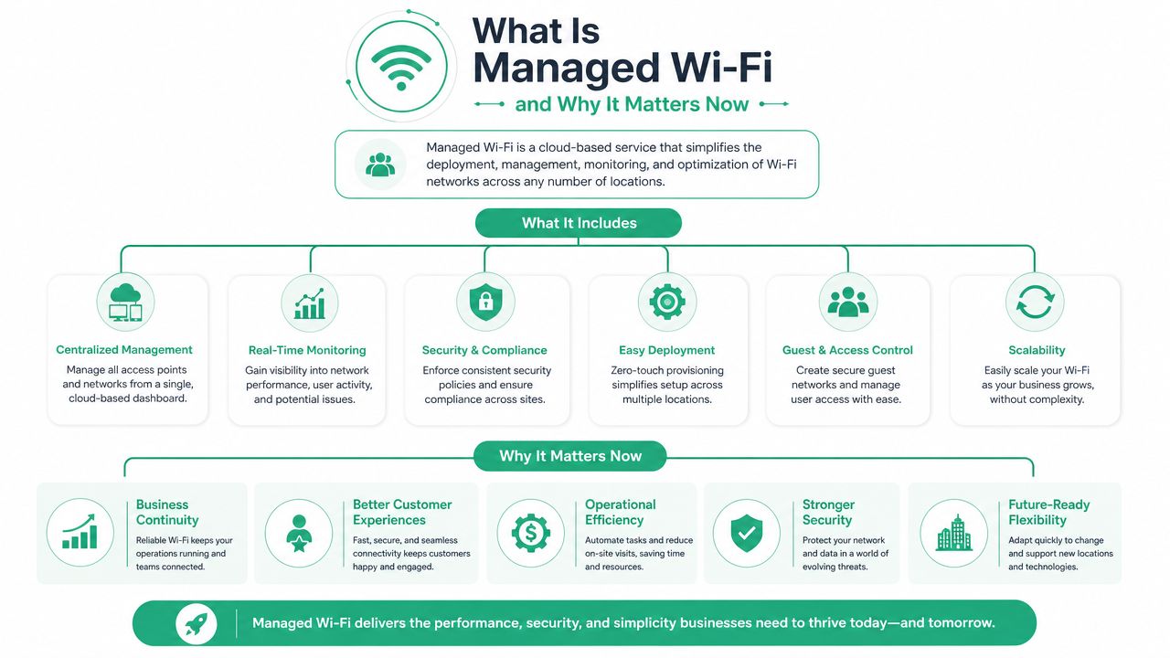 Brisbane'S Managed Wifi Services: A 2026 Business Guide 2 An Infographic Explaining Managed Wi-Fi Services, Their Key Components, And Why They Are Important For Modern Business Operations.