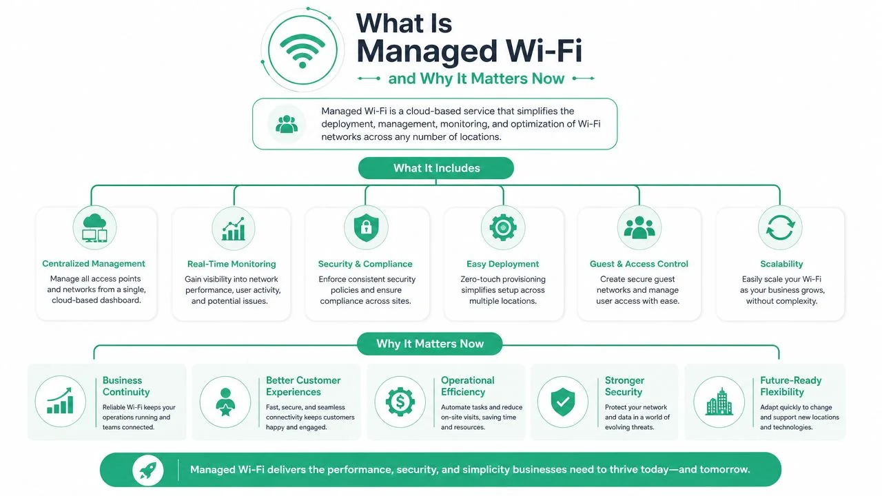 Brisbane'S Managed Wifi Services: A 2026 Business Guide 2 An Infographic Explaining Managed Wi-Fi Services, Their Key Components, And Why They Are Important For Modern Business Operations.