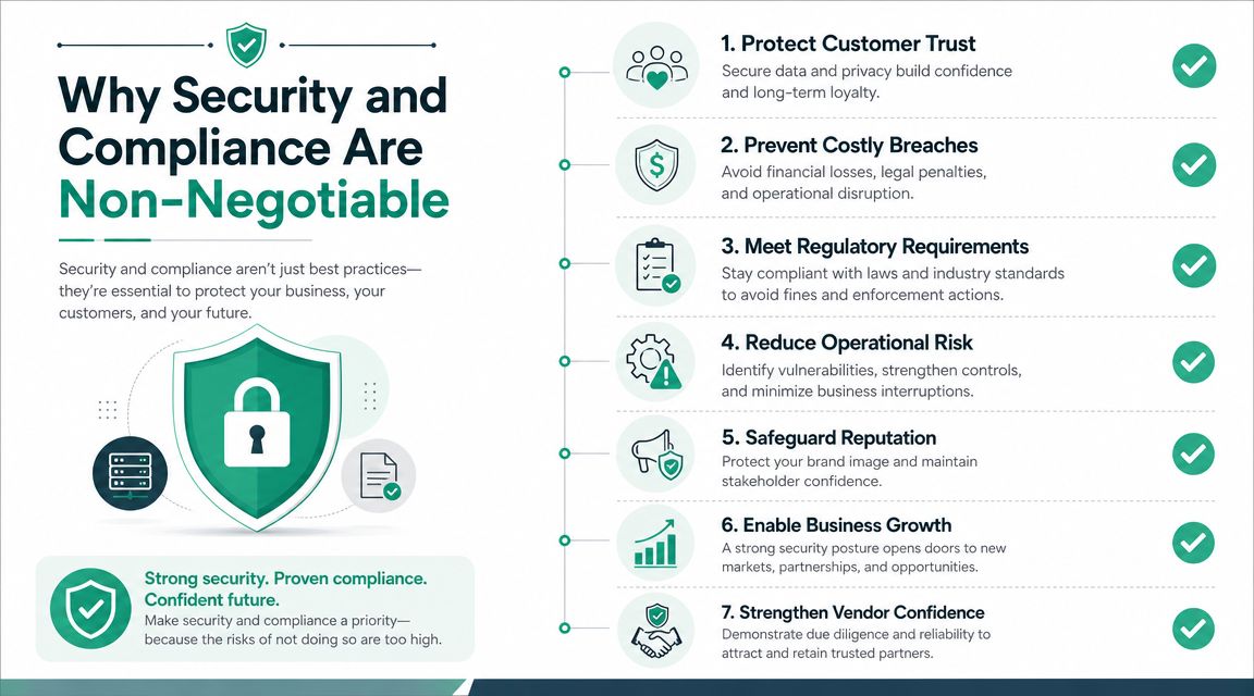 Brisbane'S Managed Wifi Services: A 2026 Business Guide 4 An Infographic Detailing Seven Reasons Why Cybersecurity And Regulatory Compliance Are Essential For Modern Business Growth And Protection.