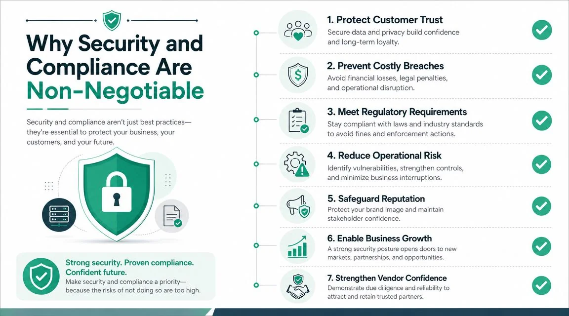 Brisbane'S Managed Wifi Services: A 2026 Business Guide 4 An Infographic Detailing Seven Reasons Why Cybersecurity And Regulatory Compliance Are Essential For Modern Business Growth And Protection.
