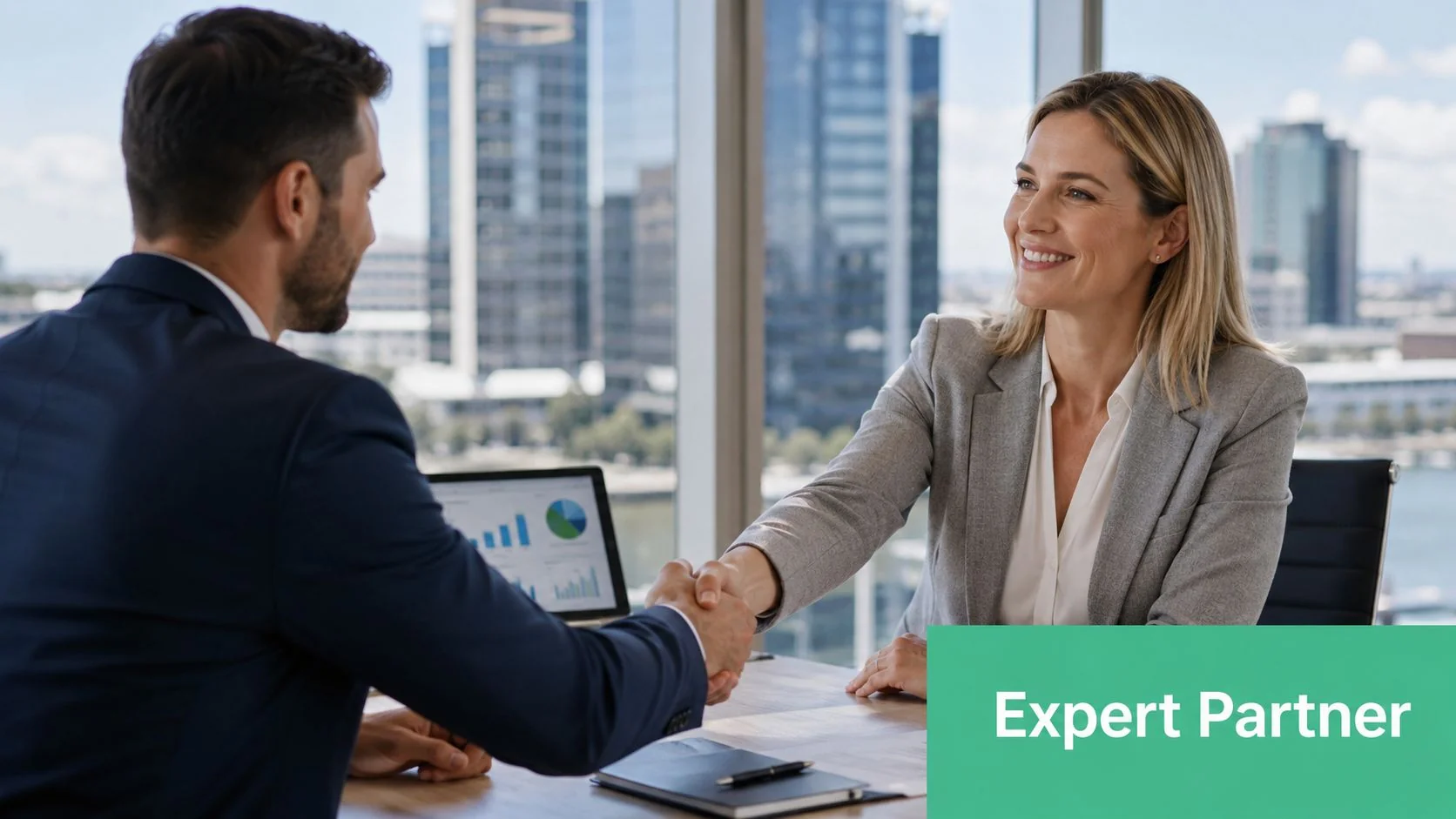 Microsoft 365 Migration Services: Smooth Brisbane Sme 5 A Professional Man And Woman In Business Attire Shaking Hands Across A Desk In A Modern Office.