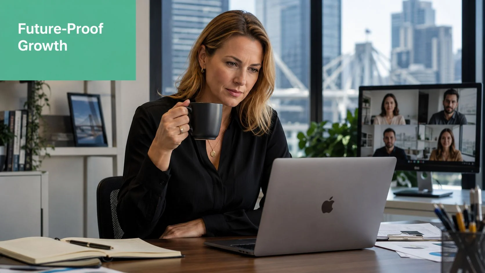 Microsoft 365 Migration Services: Smooth Brisbane Sme 2 A Professional Woman Working On A Laptop While Drinking Coffee During A Video Conference In Her Office.