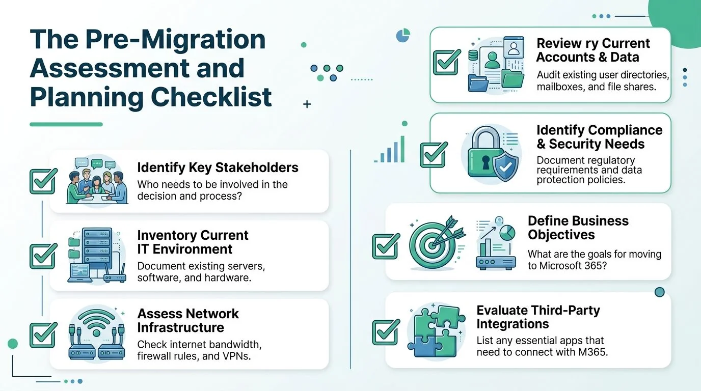 Microsoft 365 Migration Services: Smooth Brisbane Sme 4 A Checklist Infographic Outlining Essential Steps For Planning A Successful Microsoft 365 Migration For Businesses.