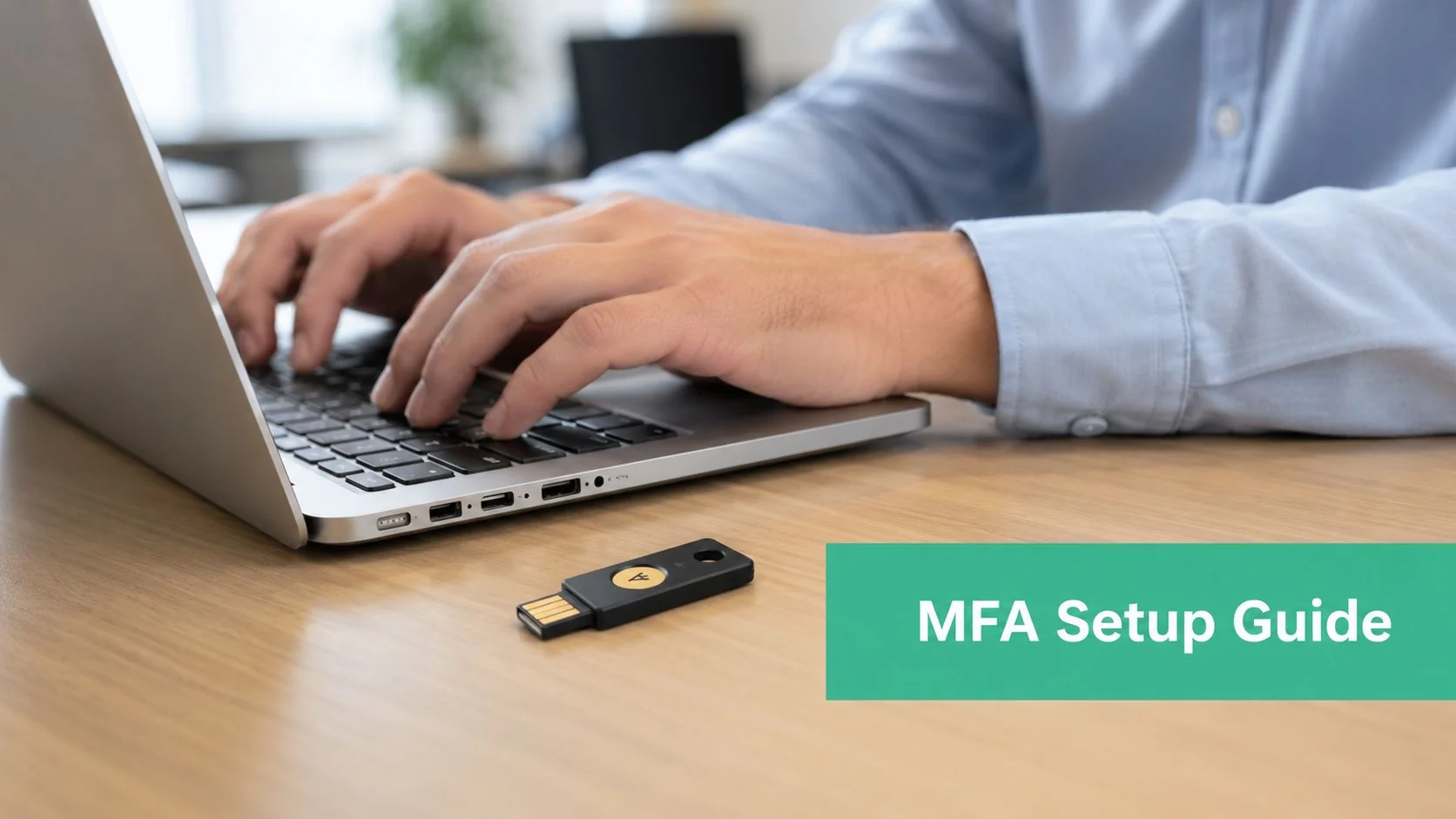 Multi Factor Authentication - Microsoft: An Smb'S 2026 Guide 4 A Person Typing On A Laptop With A Security Key On The Desk For Mfa Setup.