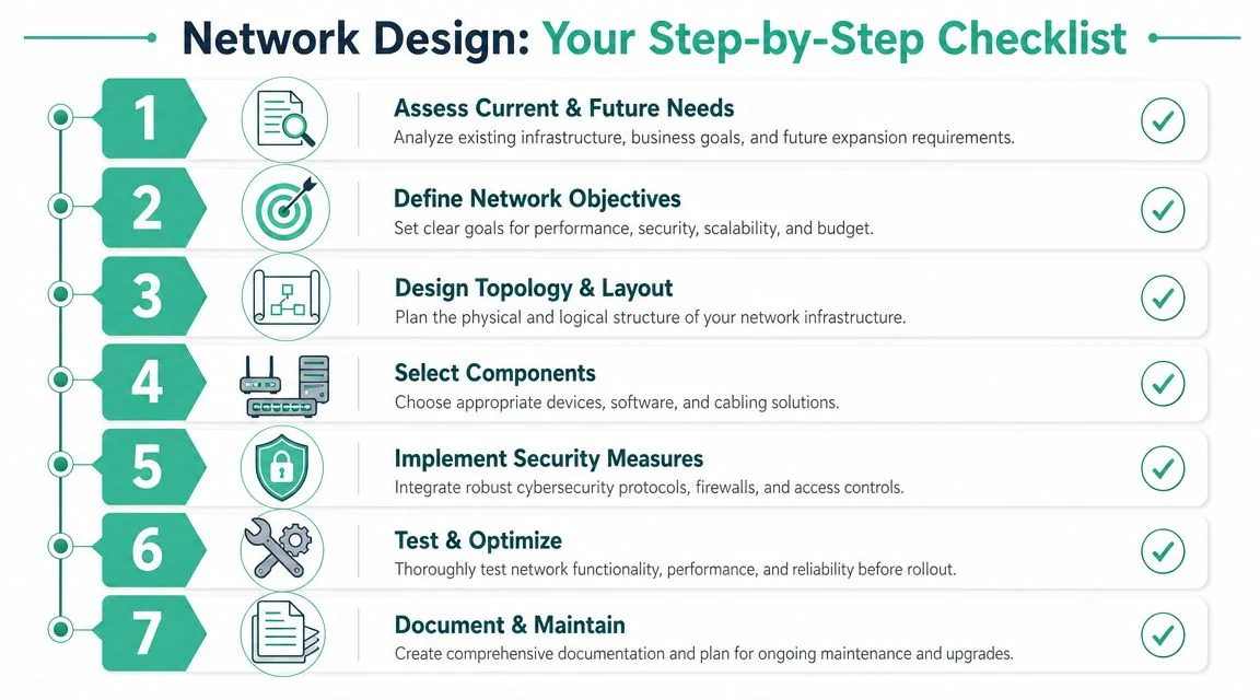 Network Infrastructure Design: A Guide For Brisbane Smbs 4 A Seven-Step Checklist For Professional Network Infrastructure Design Highlighting Essential Planning And Implementation Phases.