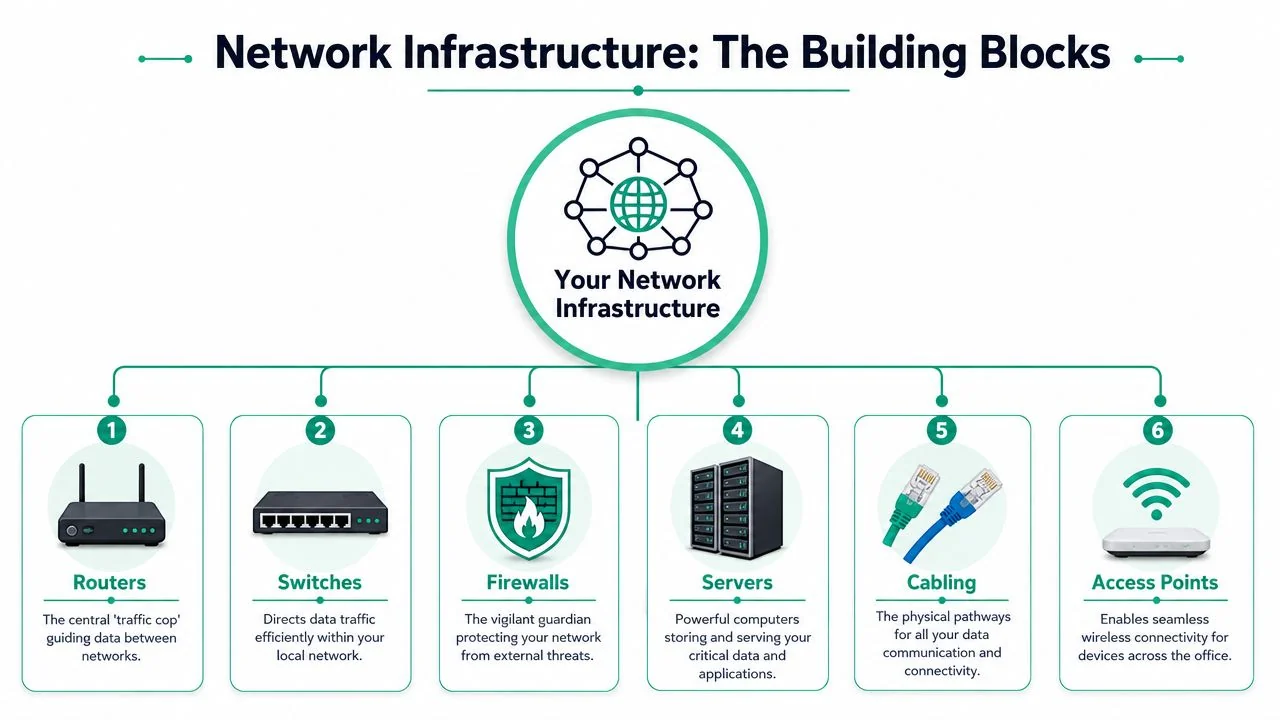 Network Infrastructure Design: A Guide For Brisbane Smbs 2 A Diagram Illustrating The Six Key Building Blocks Of Network Infrastructure Including Routers, Switches, Firewalls, Servers, Cabling, And Access Points.