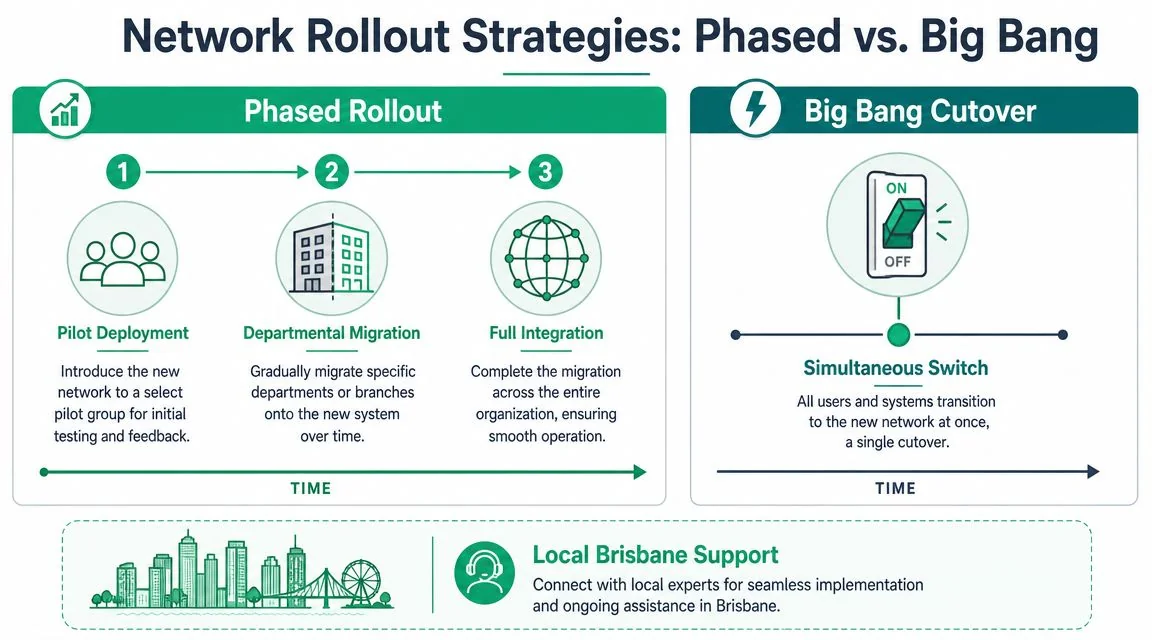 Network Infrastructure Design: A Guide For Brisbane Smbs 5 A Diagram Comparing Phased Rollout And Big Bang Cutover Strategies For Implementing New Network Infrastructure Systems.