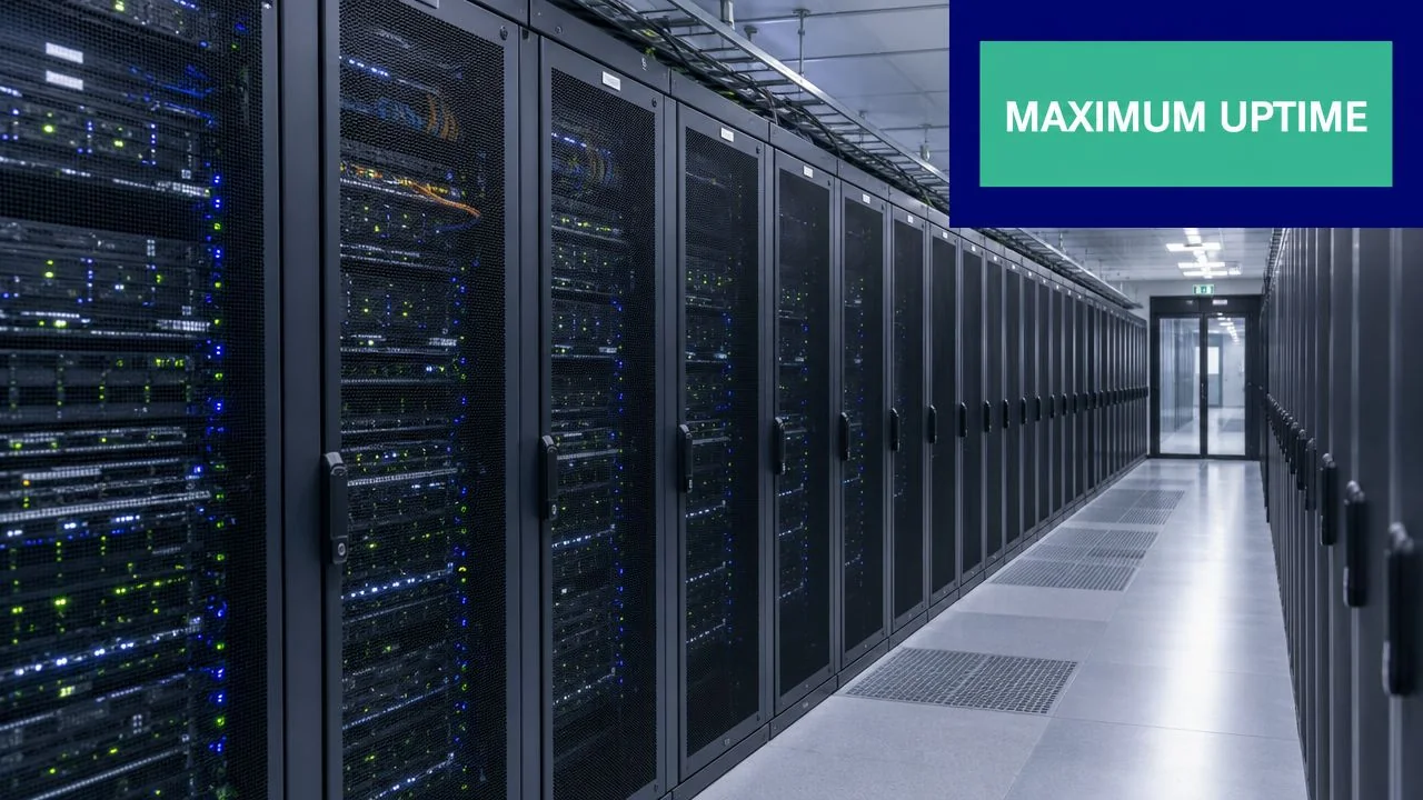Network Infrastructure Design: A Guide For Brisbane Smbs 3 A Long Corridor Inside A Modern Data Center With Rows Of Server Racks And Blinking Lights.