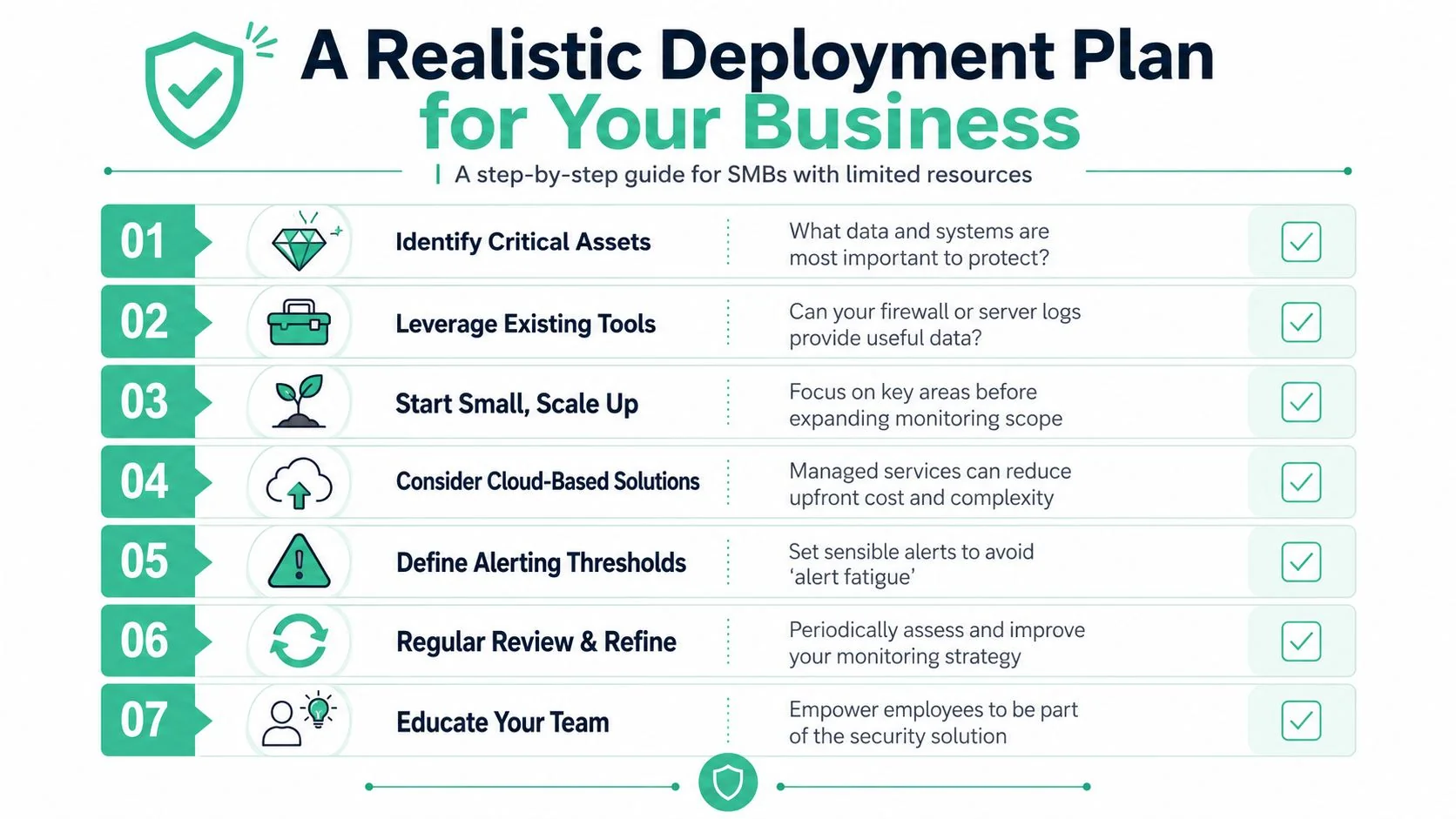 Network Security Monitoring: A Brisbane Smb'S Guide 4 A Checklist Infographic Titled A Realistic Deployment Plan For Your Business Outlining Seven Essential Security Steps.