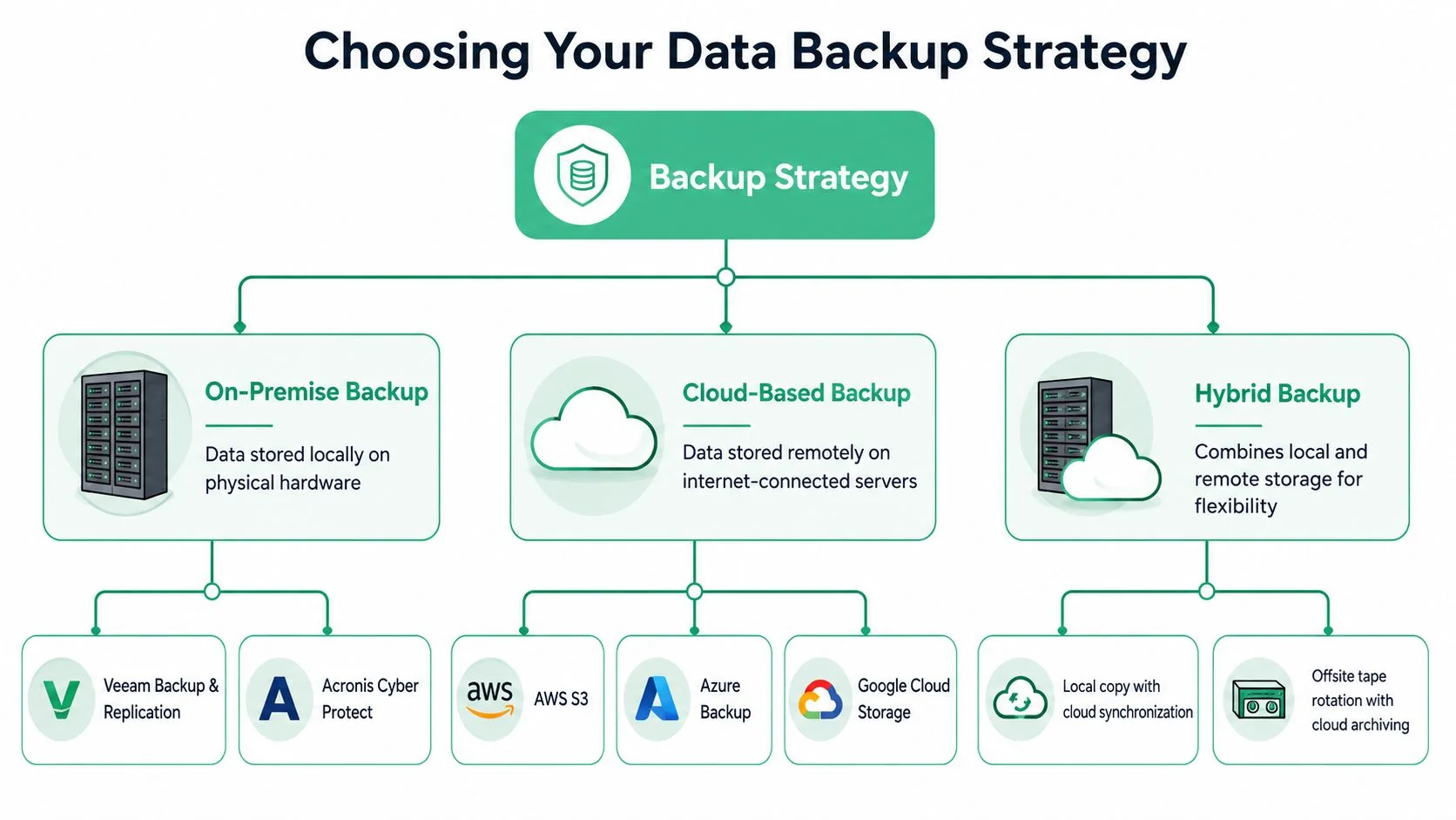 Set Your Recovery Point Objective: Protect Your Business 4 A Diagram Outlining Data Backup Strategies, Including On-Premise, Cloud-Based, And Hybrid Backup Solutions For Businesses.