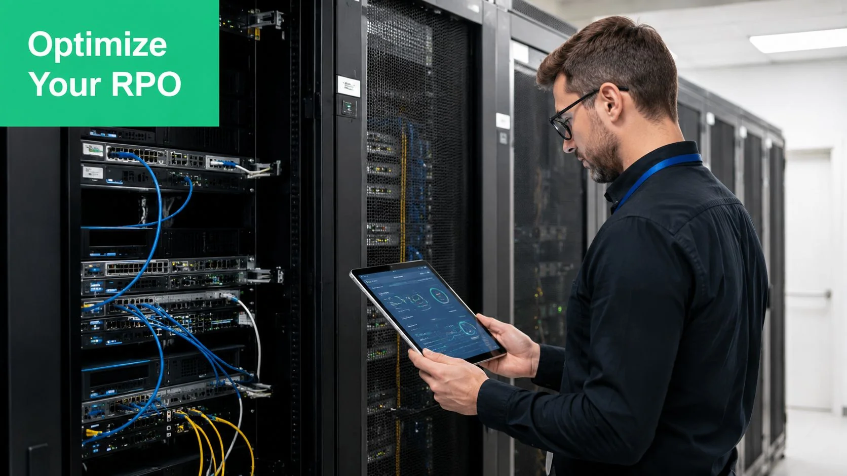 Set Your Recovery Point Objective: Protect Your Business 5 A Data Center Technician Monitoring Server Hardware Health Using A Digital Tablet For Improved Recovery Point Objectives.