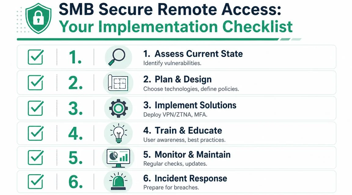 Secure Remote Access A Guide For Brisbane Smbs 4 A Six-Step Implementation Checklist For Smb Secure Remote Access, Covering Assessment, Design, Solutions, Training, Monitoring, And Response.