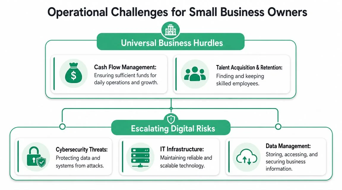 Brisbane Small Business Owner'S It &Amp; Cyber Checklist 3 A Diagram Outlining Operational Challenges For Small Business Owners, Including Financial, Talent, And Digital Risk Factors.