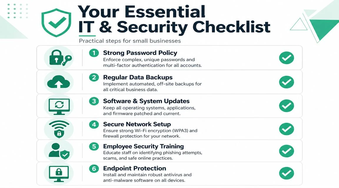 Brisbane Small Business Owner'S It &Amp; Cyber Checklist 4 An Infographic Titled Your Essential It And Security Checklist Providing Six Practical Security Steps For Small Businesses.