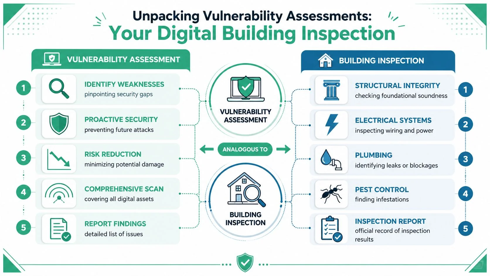 Vulnerability Assessment Service A Brisbane Business Guide 2 An Infographic Illustrating The Analogy Between Cybersecurity Vulnerability Assessments And Physical Building Inspections With Five Comparison Steps.