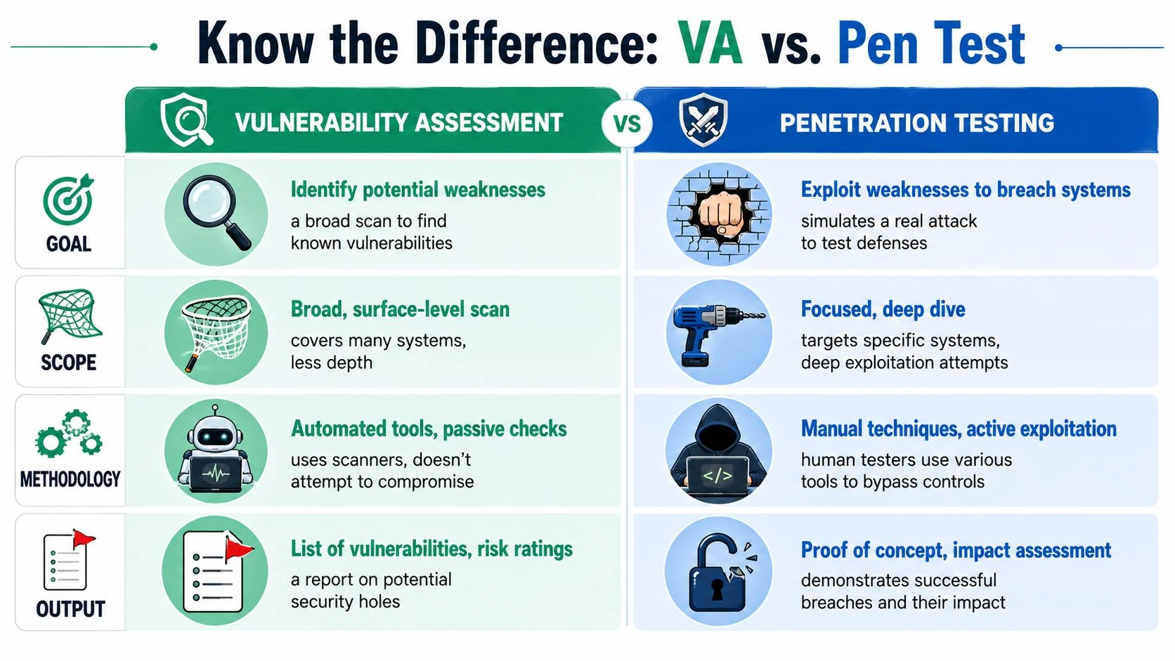 Vulnerability Assessment Service A Brisbane Business Guide 4 A Comparison Chart Explaining The Differences Between Vulnerability Assessment And Penetration Testing Security Methods.